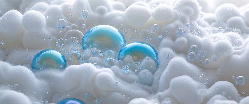 Close Up of Blue Bubbles and Foamy Texture Creating a Serene and Refreshing Visual Experience for Relaxation. photo