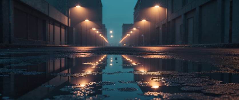 A street at night with lights on the buildings photo