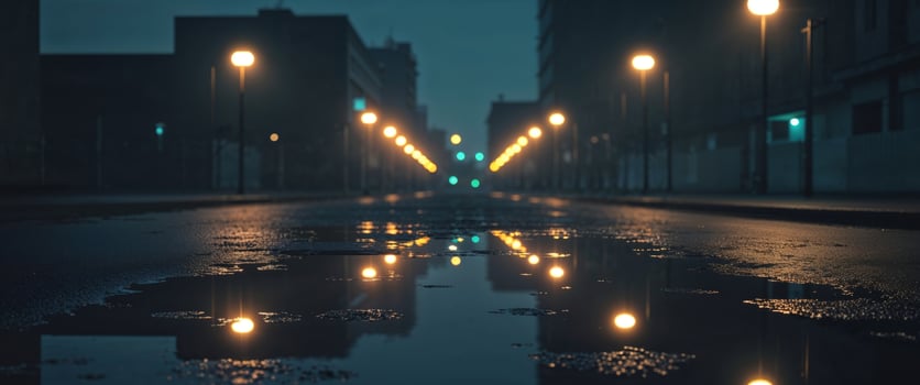 A street with a puddle of water reflecting the street lights photo