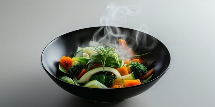 Aromatic Steaming Vegetable Salad in a Black Bowl. photo