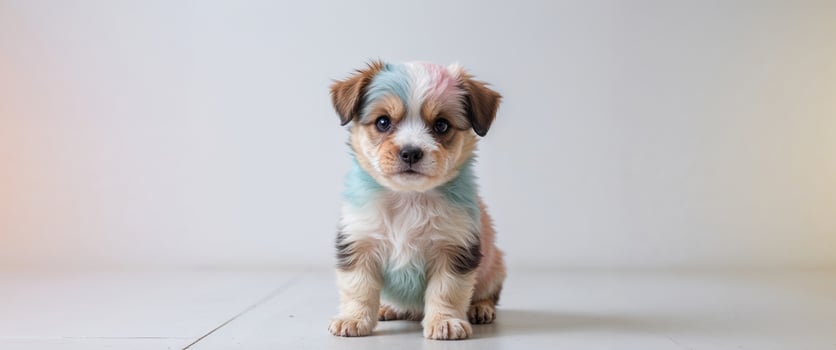 A small puppy with multicolored fur sits and looks forward photo