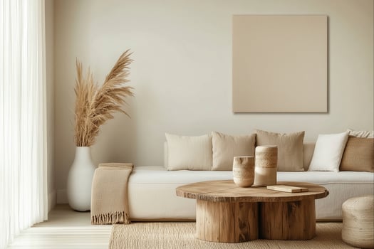 A living room with beige furniture and a large blank canvas photo