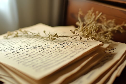 A vintage scene featuring an old book and dried flowers arranged on a table, captured with selective focus, evoking nostalgia and timeless beauty photo