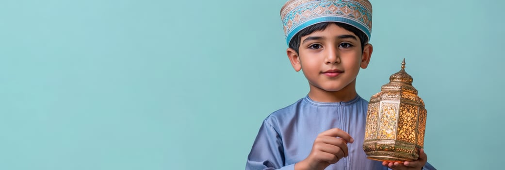 A young boy in a traditional muslim outfit holding a lamp. photo