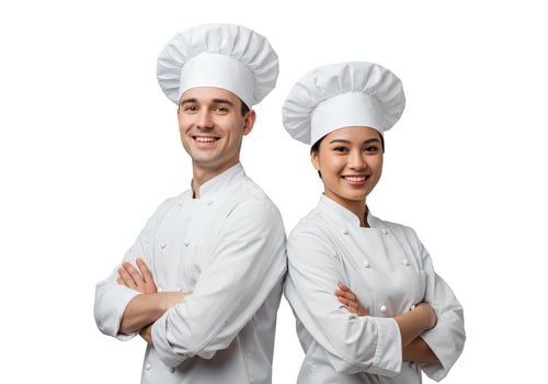 Two Professional Chefs Standing Confidently in White Uniforms photo