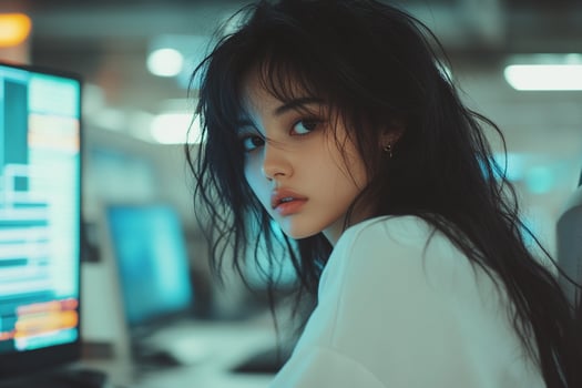 A woman with long black hair sitting in front of a computer photo