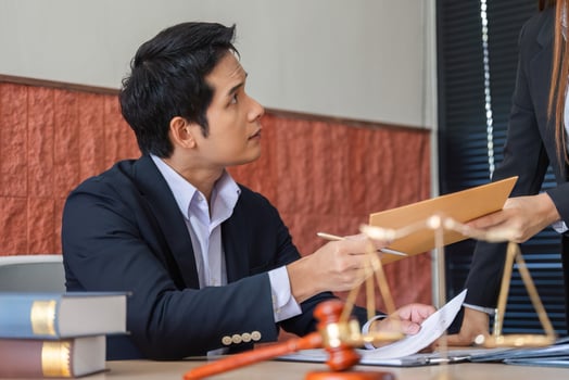 Legal Discussion and Documentation. An attorney providing critical insights on legal matters to a client in an office environment. photo