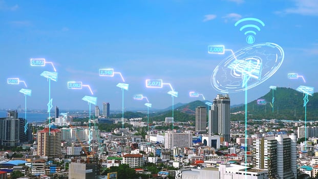 Smart city futuristic monitor solar cell with number of quality power electric technology digital sky. electricity sales concept and energy from households and citizens photo