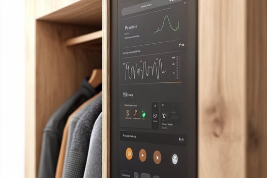 A smart closet with clothes hanging on the wall photo