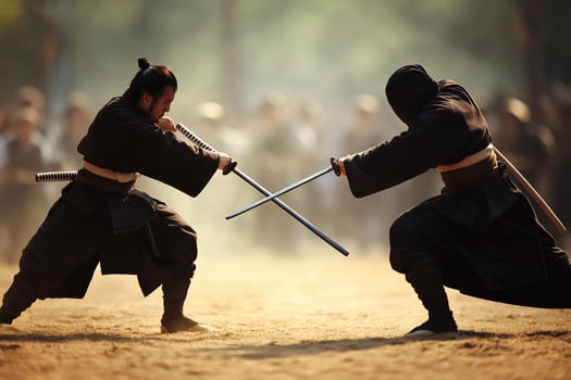 Two men in black fighting with two swords photo