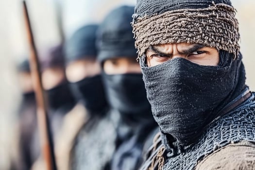 A group of men wearing masks and holding weapons photo