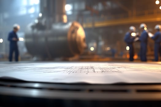 A group of people standing around a blueprint photo