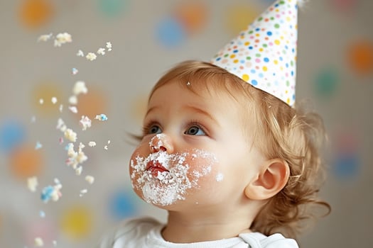 A baby wearing a party hat is blowing out a birthday cake photo