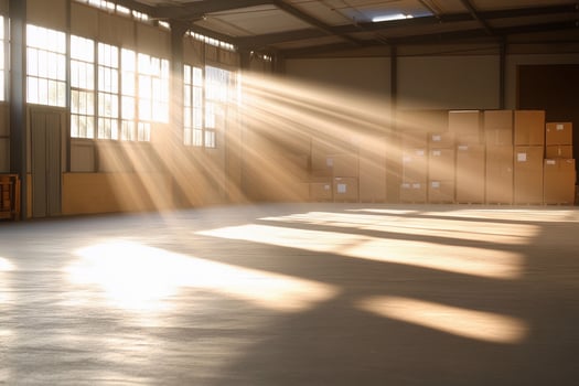 An empty warehouse with sunlight shining through the windows photo