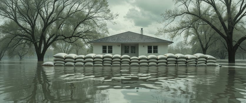 A house surrounded by sandbags in a flooded area photo