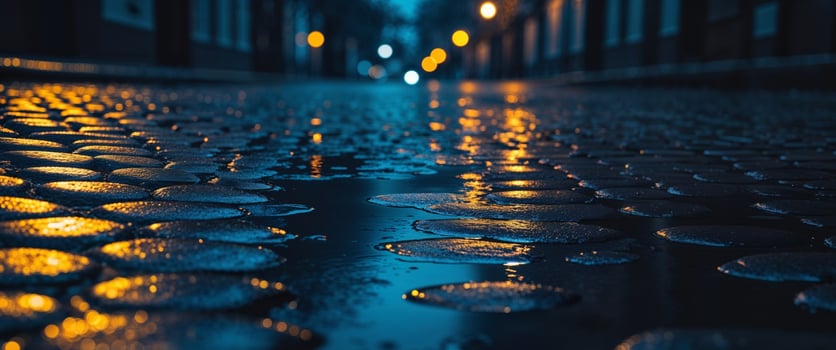 A wet street at night with water droplets on the pavement photo