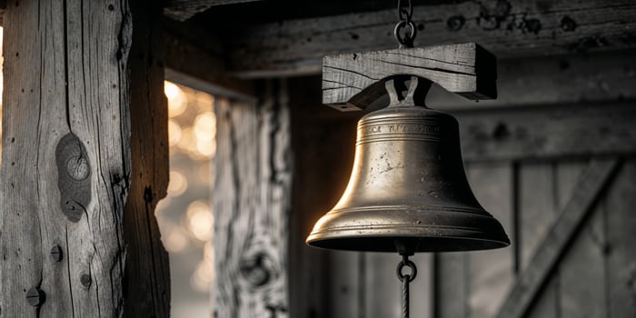 A bell hanging from a wooden door photo
