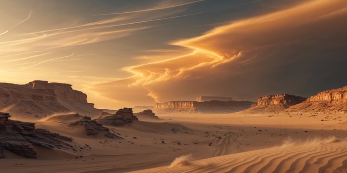 Majestic Desert Storm with Dramatic Golden Sky and Bold Textures photo
