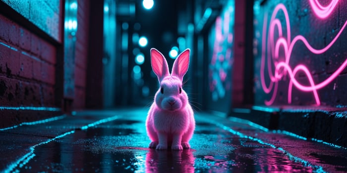 Glowing rabbit alleyway neon art backdrop photo