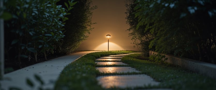 Garden path illuminated by a lamp at night photo