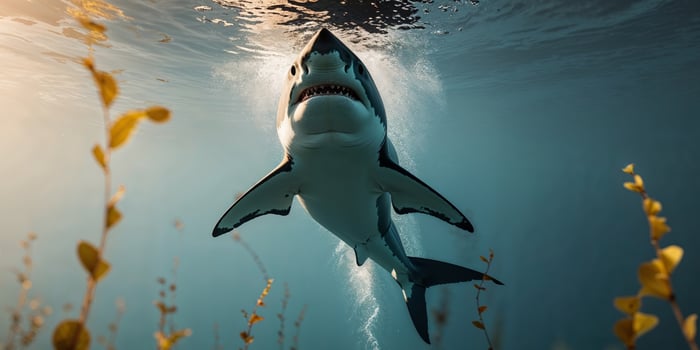 Great White Shark Ascending Through Sunlit Ocean Depths photo