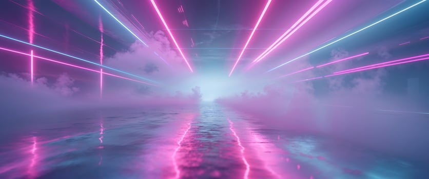 A neon light tunnel with smoke and people walking through it photo