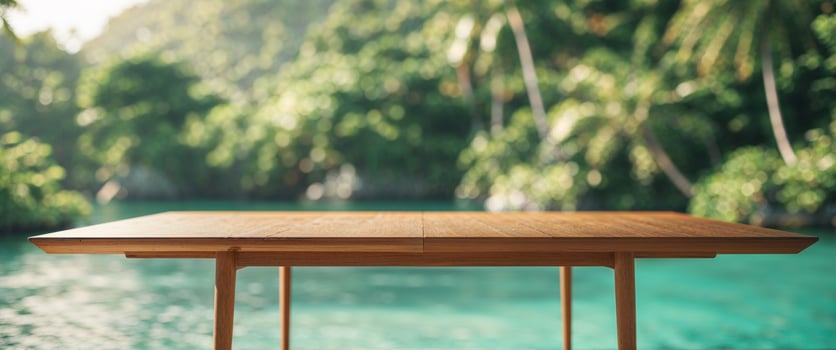 Wooden Table Tropical Landscape Background. photo