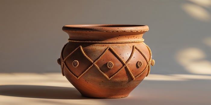 Rustic Ceramic Pot with Intricate Beaded Designs and Warm Earthy Tones for Home Decor and Artisan Craft Display. photo