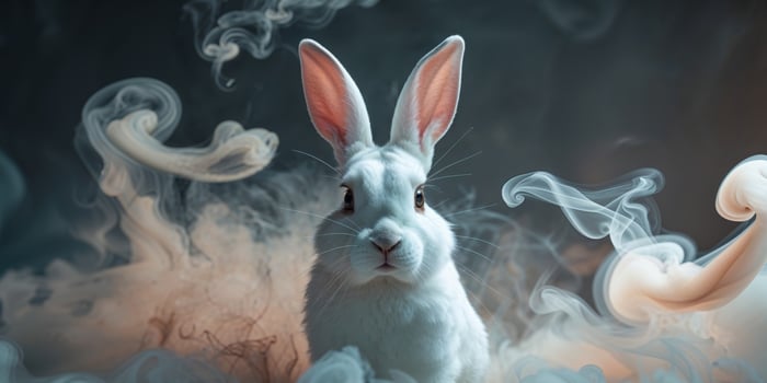 A white rabbit is surrounded by smoke photo