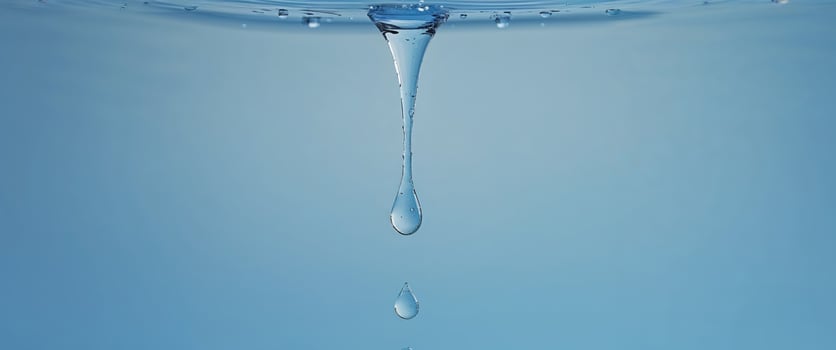 Stream of water before face Stream of clean water before beautiful face of young teen blue background. photo