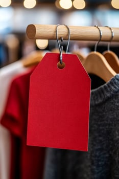 Red blank price tag hanging on clothing rack in fashion store photo