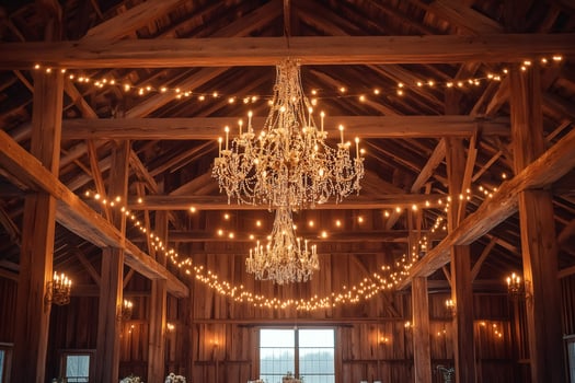 Elegant crystal chandeliers hanging in rustic barn wedding venue with string lights illuminating wooden beams photo
