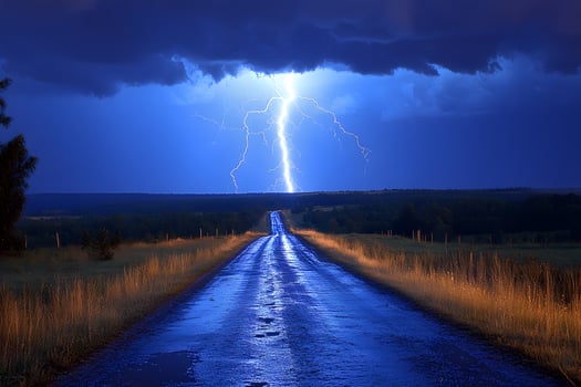 Dramatic Lightning Strike Over Country Road at Dusk photo