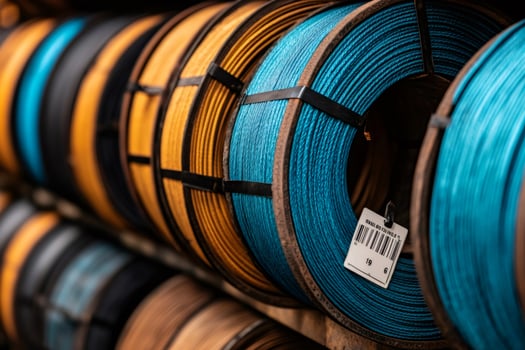 Spools of colorful wire neatly arranged on shelves, ready for industrial use photo