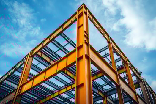 Steel frame structure rising against blue sky during construction.. photo