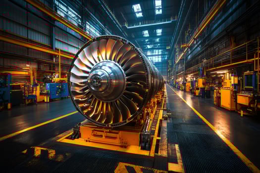 Turbofan jet engine being assembled in a modern factory photo