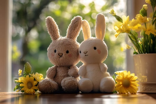 Two plush rabbits sitting on table with yellow flowers and sunlight photo
