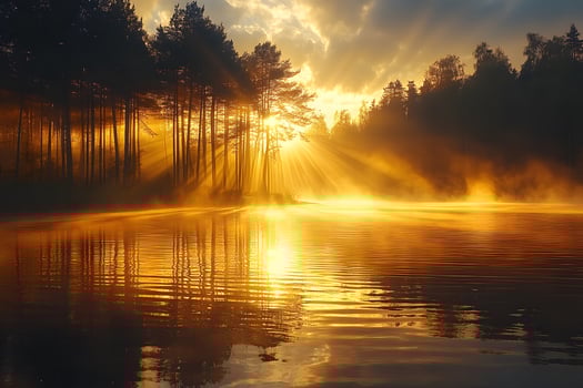 Golden Sunrise Over Misty Lake with Pine Trees Nature's Tranquil Beauty photo