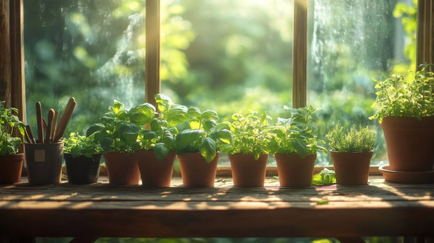 Aromatic herbs growing in terracotta pots on windowsill.. photo