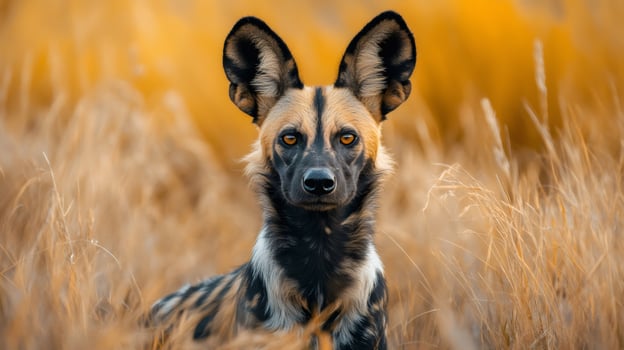 African wild dog emerging from tall grass in savanna photo