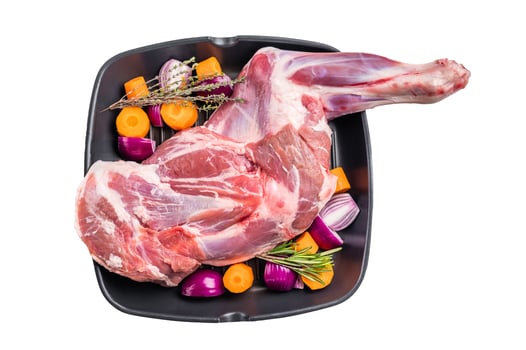 High quality raw lamb shoulder leg, an essential ingredient for hearty stews and savory dishes. isolated on white background. top view photo