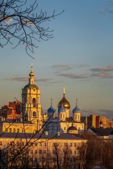 Bell tower and Orthodox Church in Novospassky monastery. Moscow, Russia. photo