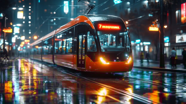 Tram glides through a wet urban street illuminated by colorful lights in a bustling city at night, symbolizing advanced transportation and commuter dynamics. photo