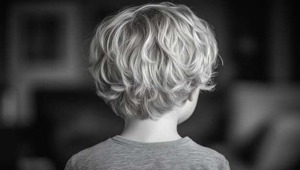 Curly-haired child in blur. A young child with light, curly hair stands with their back turned, surrounded by a softly blurred indoor setting. photo