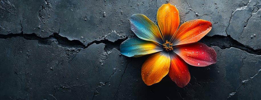 Bright flower on cracked stone. A vibrant flower with petals in shades of orange, blue, and yellow is placed on a rough, cracked stone background. photo
