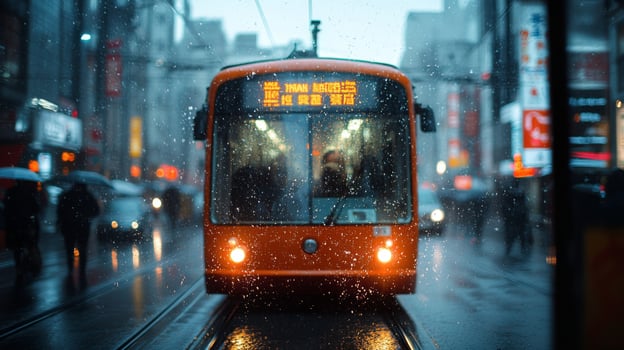 A bright orange metro vehicle approaches through rainy urban streets filled with commuters. Rain droplets on the glass blur the lively city atmosphere, highlighting urban mobility. photo