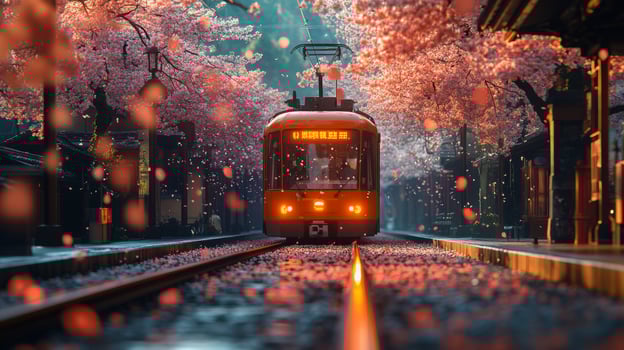 An automated metro train travels through a picturesque urban setting adorned with blooming cherry blossom trees, creating a vibrant and inviting atmosphere for commuters. photo