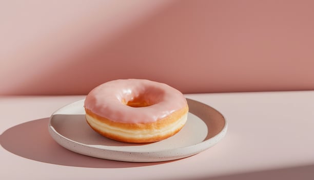 Delicious Pink Frosted Donut on Plate Minimalist Background Copyspace Soft Lighting photo