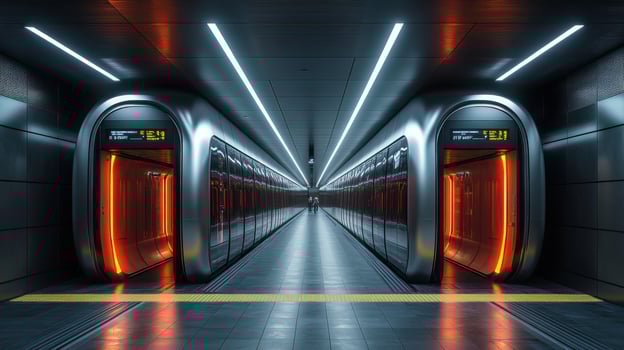 Commuters await trains at a sleek subway station featuring futuristic design and efficient mobility solutions in an urban environment. photo
