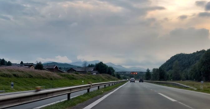 Sunset. Scenic highway winding through majestic mountains on a bright summer day. Road surrounded by green vegetation photo